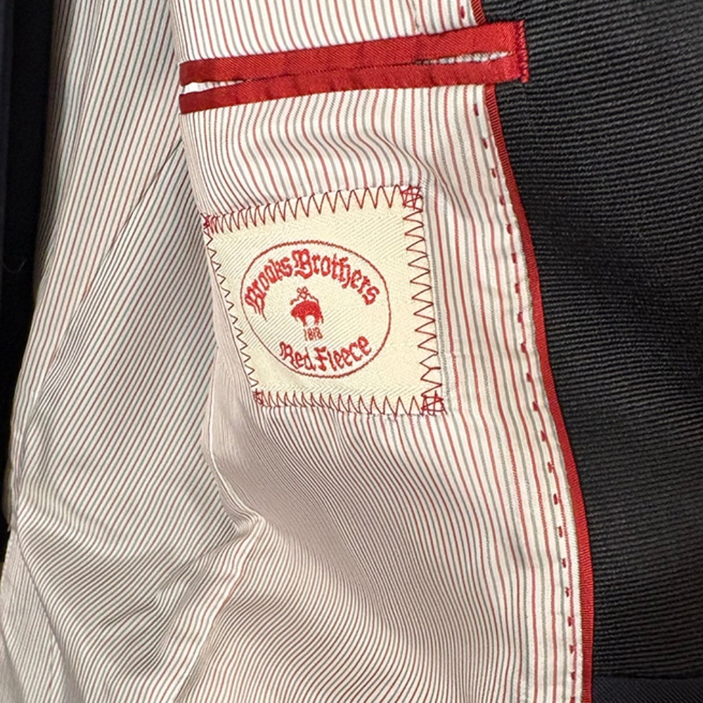 Brooks Brothers Red Fleece tuxedo Navy with black grosgrain label + pant stripe